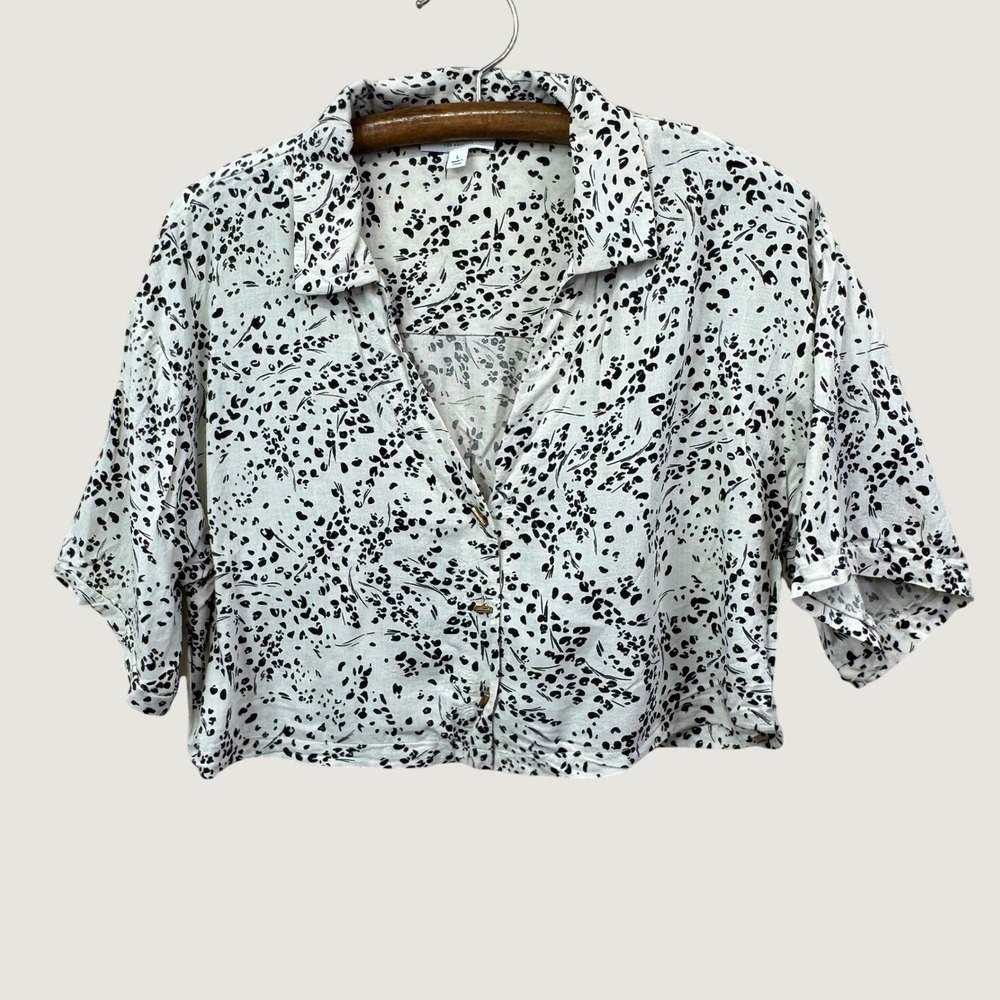 Kirious Los Angeles Crop Top Size L White Black Animal Print Linen Blend Boho